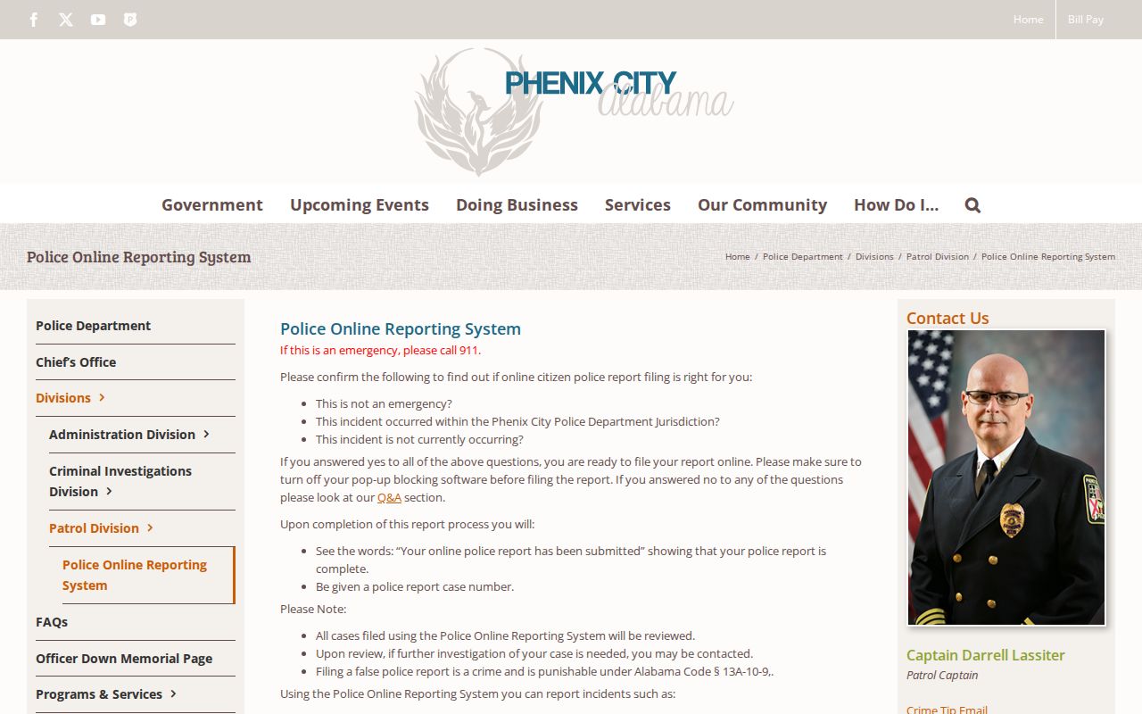 Phenix City online police reporting screen for criminal incident records